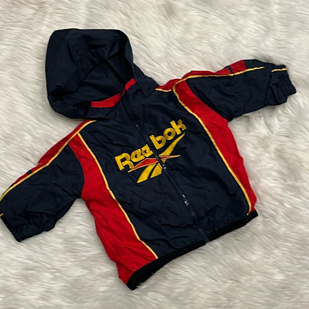 Vintage Reebok Boys Hooded Jacket Blue Yellow Red Retro 90s Full Zip Size 12 M